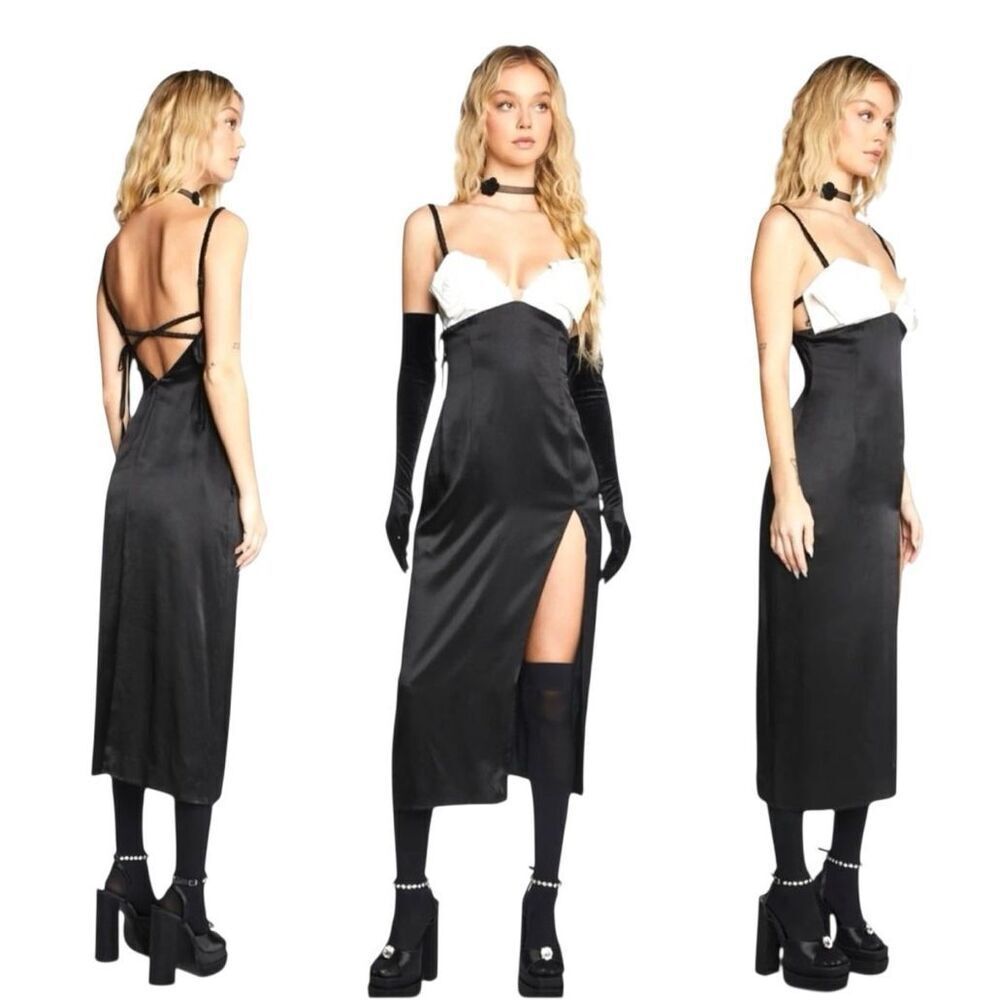 NWT For Love & Lemons Rita Black & White Tuxedo Style Rose Cups Midi Dress M